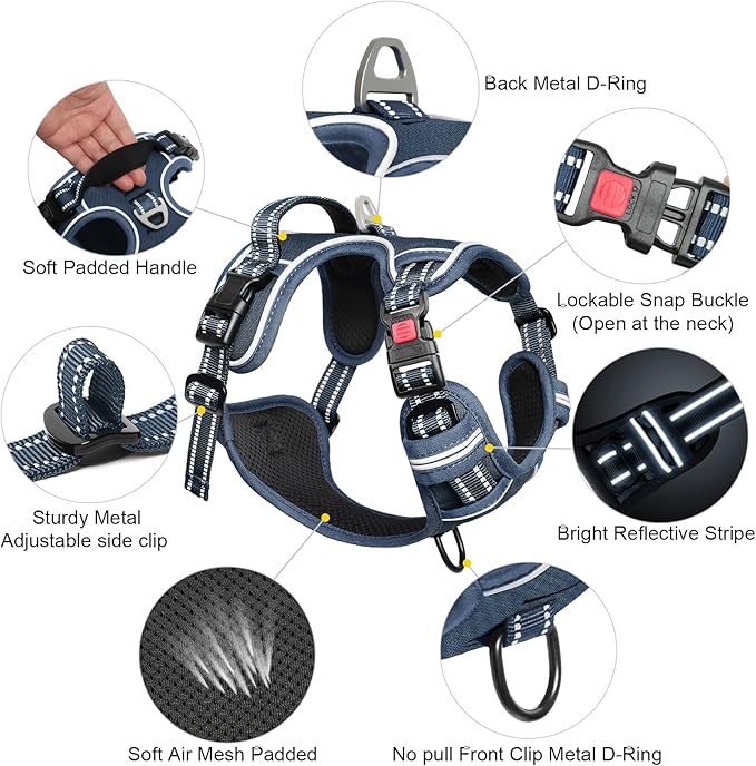 Timos Dog Harness Small Sized, No Pull Pet Harness with Neck Lockable Snap,No Choke Front Clip Dog Reflective Vest,Adjustable Metal Rings 3 Buckles,Easy Control Handle for Small Dogs Royal Blue S-Mewly Pet