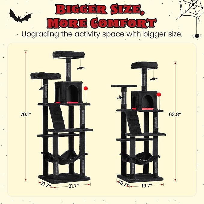 MWPO Gothic Large Cat Tree, 70.1-Inch Multi-Level Tall Cat Tower for Indoor Cats, Plush Cat Condo with Big Padded Perches, Sisal-Covered Scratching Posts, Hammock, Toys for Kittens & Cats, Black-Mewly Pet