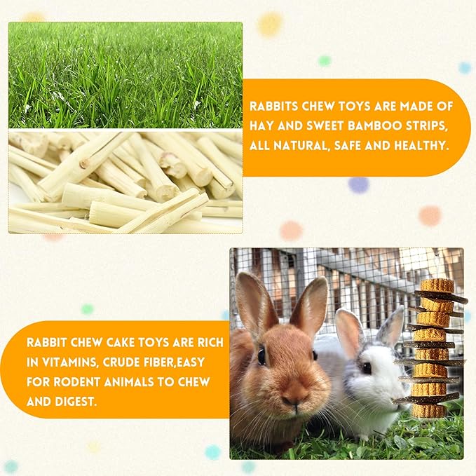 kathson Natural Small Animal Chew Toys for Teeth,4 PCS Rabbit Hanging Chewing Treats with Natural Organic Apple Stick Timothy Grass Carrot Cake for Hamsters Squirrel Guinea Pig Rabbits-Mewly Pet