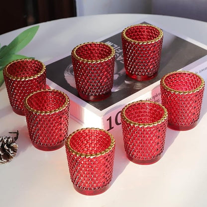 WOHO 24pc Red Votive Candle Holders for Table Centerpiece, Tealight Candle Holder Bulk with Gold Rim, Glass Tea Lights Candle Holder for Christmas, Valentine’s Day Decor