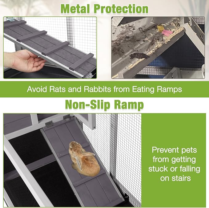 GUTINNEEN Rabbit Hutch Indoor with Chew-Proof Ramp, 62" L Wooden Rabbit Cage with 6 Casters, Bunny Cage with 2 Trays and 2 Story for Small to Medium Animals (Gray)-Mewly Pet