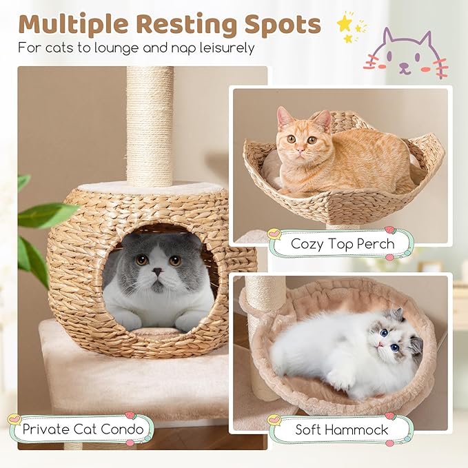 PETSITE 59 inch Cattail Cat Tree Tower, Multi-Level Cat Tower with Natural Sisal Scratching Posts, Condo, Basket, Top Perch and Jumping Platforms, Modern Tall Cat Tree for Indoor Cats-Mewly Pet