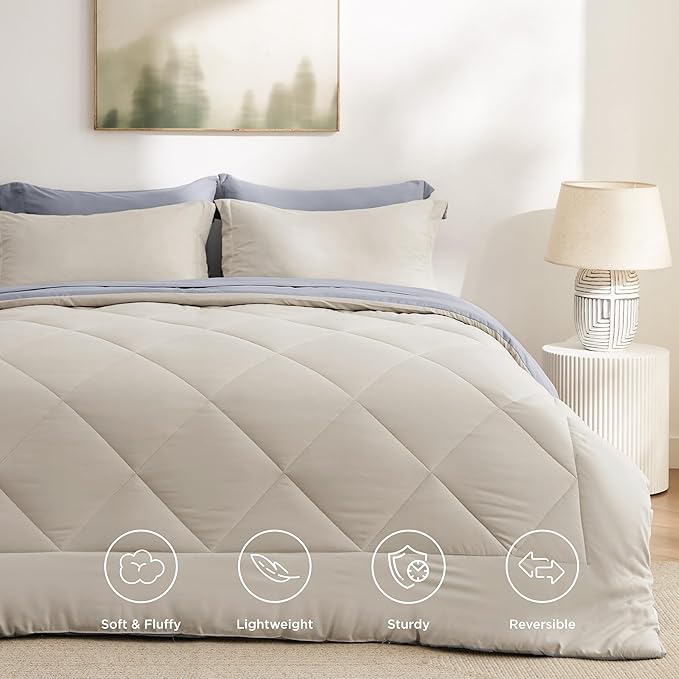 Bedsure King Size Comforter Set - 7 Pieces Reversible Beige Bedding, King Size Bed Set for All Seasons, Bed in a Bag with Down Alternative Comforter, Sheets, Pillowcases & Shams