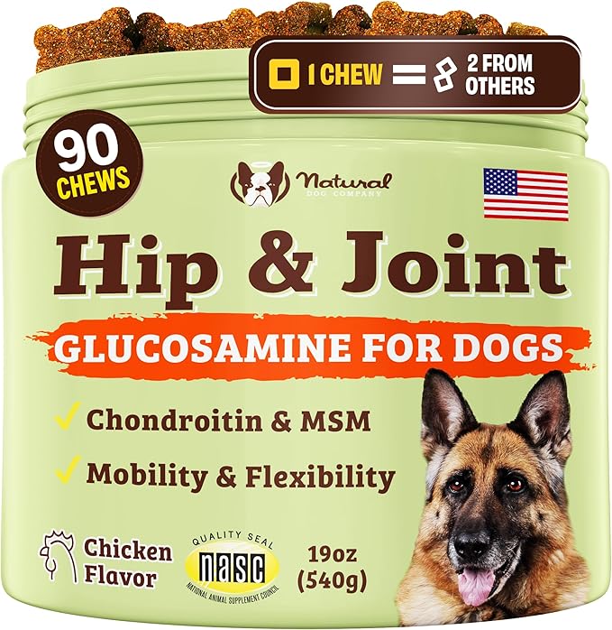 Natural Dog Company Hip & Joint Chews, Chicken Liver & Turmeric Flavor, with Glucosamine Chondroitin for Dogs, Maintains Bone and Joint Health, Supplements for Seniors and Puppies, 90 Count-Mewly Pet