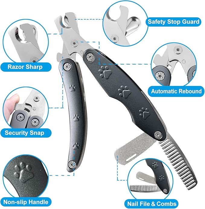 Best Dog Nail Trimmers for Anxiety Sensitive Dogs, Quiet Sharpest Smoothest Nail Clippers for Large Dog Medium Small, Professional Stainless Steel with Nail File & Comb, Left-Handed Friendly-Mewly Pet