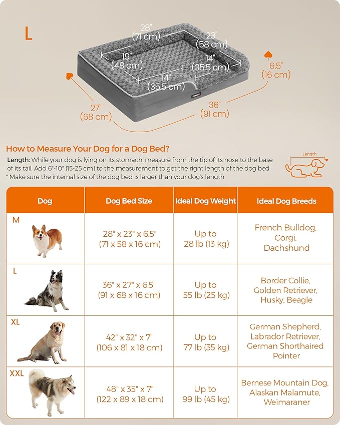 Feandrea Orthopaedic Dog Bed for Large Dogs, Waterproof Dog Sofa Bed with Removable Washable Cover, 36 x 27 x 6.5 Inches, Slate Gray UPGW252G02-Mewly Pet