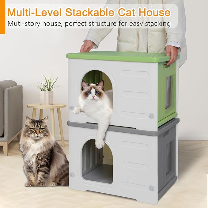 Rockever Plastic Outdoor Indoor Cat House with Insulated Liner, 100% Insulated Feral Cat House for Winter, Waterproof Cat Houses for Outdoor Cats, Spacious, Assemble Easily-Grey-Mewly Pet