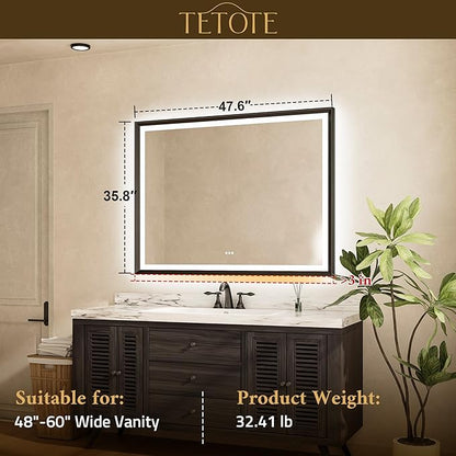 TETOTE 48x36 LED Bathroom Mirror with Lights Black Frame Frontlit & Backlit Lighted Vanity Mirror Baroque Gothic Anti Fog Dimmable White/Warm/Natural,CRI90+,Waterproof,(Horizontal/Vertical)