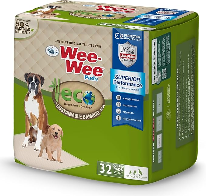 Four Paws Wee-Wee Superior Performance Bamboo Pee Pads for Dogs, Earth Friendly Dog & Puppy Potty Training Pads, Crate Liners, Housebreaking Supplies, 22" x 23" (32 Count)-Mewly Pet