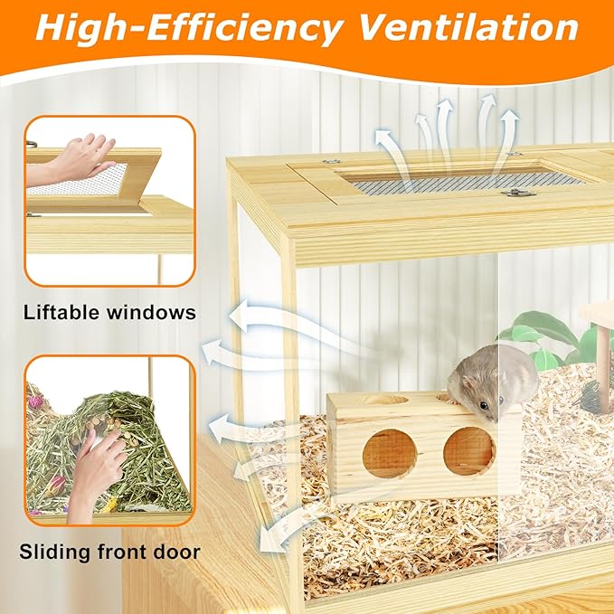 Large Hamster Cage 48", Front Opening Lockable Sliding Door Gerbil Cage, Dwarf Hamster Cage with Metal Mesh Roof, Chewproof Syrian Hamster Habitat Enclosure, (Wooden, 48" L x 20" W x 20" H)-Mewly Pet