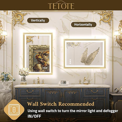 TETOTE 60x36 LED Bathroom Mirror with Lights Gold Frame Frontlit & Backlit Lighted Vanity Mirror Baroque Anti Fog Dimmable White/Warm/Natural,CRI90+,Waterproof,Wall Mounted(Horizontal/Vertical)