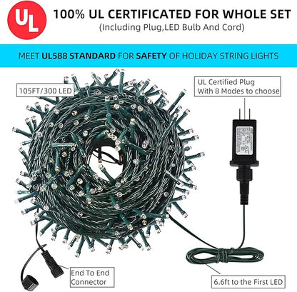 105FT 300LEDs Christmas Lights Outdoor Indoor String Lights 8 Modes Memory Function for Christmas Tree Party Decoration, 100% UL Listed (4 Sets CONNECTABLE) Multi-Color
