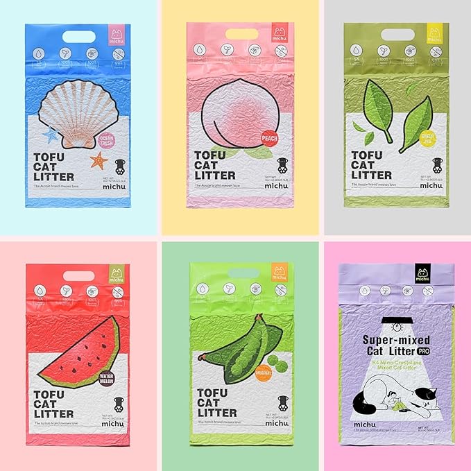 Tofu Cat Litter Natural Clumping Tofu Cat Litter, Fast Clumping and Easily Scoop-able 5.5lb/88oz 5 Scents - Rainbow Combo, 6 Pack-Mewly Pet