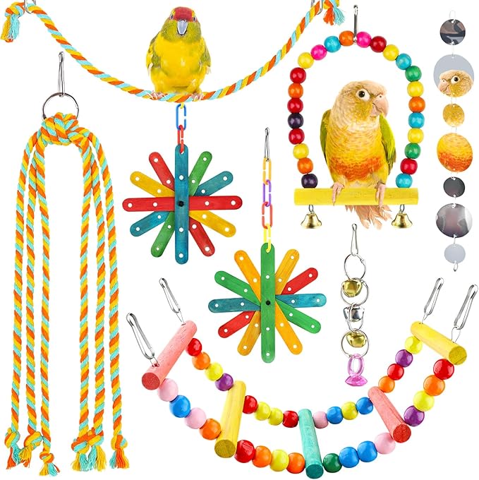 8 pcs Bird Toys for Parakeets with Colorful Ladder Hammock Bird Cage Accessories Bird Perch Stand Chewing Toys Hanging Bell Parrot-Mewly Pet