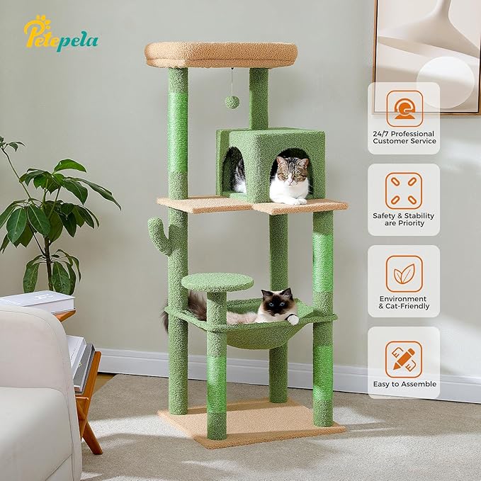 PETEPELA 56.3'' Tall Cat Tree for Indoor Cats, Cactus Cat Tower with Super Large Hammock (20''X16''), Sisal Covered Scratching Posts, Cozy Condo and Top Perch Green-Mewly Pet
