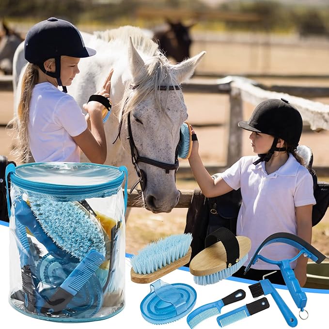 9 Pieces Horse Grooming Kit Tack Room Supplies Set with Organizer Tote Bag, Oval Massage Curry, Hard and Soft Brush, Hoof Pick, Sweat Scraper, Bathing Sponge, Combs for Horse Riders Beginners (Blue)-Mewly Pet