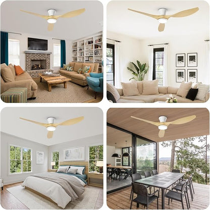TALOYA 52 inch Ceiling Fans with Lights and Remote, Flush Mount Low Profile Ceiling Fan with Reversible DC Motor ABS Blades for Bedroom Living Room Kitchen Light Oak Finish