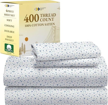 California Design Den Floral Pattern King Size Sheets Set - Luxury 400 Thread Count Sateen, Natural 100% Cotton Sheets, Deep Pockets, Cooling and Durable Bedding Set - Blooming Meadows
