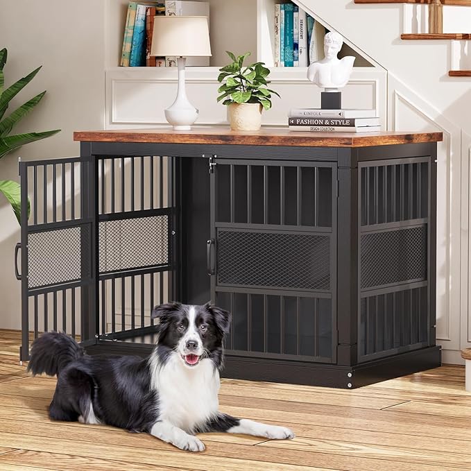 VOPEAK 40" Dog Crate Furniture, Chew Resistant Dog Crate for Dogs, Heavy Duty Dog Crates Dog Kennel Cage Indoor with Double Doors, End Table for Bedroom Living Room, Black-Mewly Pet