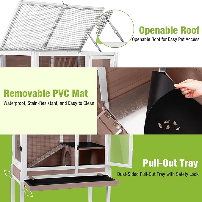 GUTINNEEN Rabbit Hutch Bunny House, 36.6" L Rabbit Cage with Anti Chewing Ramp, Guinea Pig Cage with Cooling Galvanized Sheet, Detachable Legs(Brown)-Mewly Pet