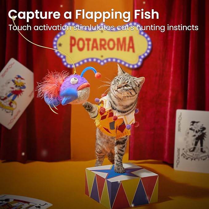 Potaroma Cat Toys Flapping Fish, Interactive Realistic Anglerfish Toy Stuffed with Catnip and Crinkle Paper Hangable Design for Bored Indoor Kittens 5.5 Inches-Mewly Pet