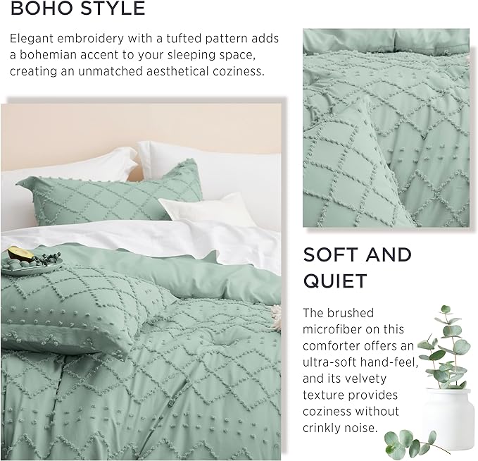 Bedsure Twin Comforter Set - Sage Green Comforter, Boho Tufted Shabby Chic Bedding for Kids, 2 Pieces Vintage Farmhouse Bed Set for All Seasons, Fluffy Soft Bedding with 1 Pillow Sham