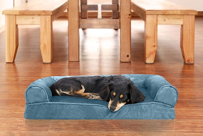 Furhaven Pillow Dog Bed for Medium/Small Dogs w/ Removable Bolsters & Washable Cover - Faux Fur & Velvet Sofa - Harbor Blue, Medium-Mewly Pet