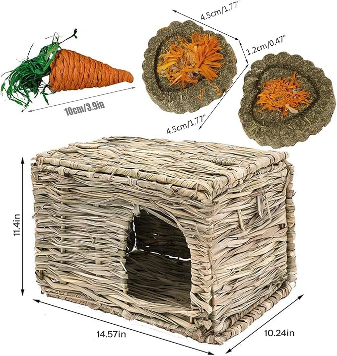 kathson 2 Pcs Large Rabbit Grass House Natural Foldable Hand Woven Seagrass Bed Carrot Hay Toy Hut Safe Comfortable Playhouse with Bunny Chew Toys for Bunny Hamster Guinea Pig Chinchilla Ferret-Mewly Pet
