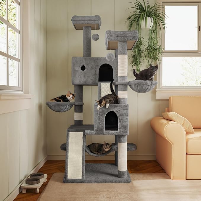 MUTICOR 66 Inches Multi-Level Large Cat Tree Tower for Indoor Big Feline/Cozy Plush Perches/Condo/Sisal Scratching Posts/Hammock and Baskets/Activity Center Play House/Wide Base/Grey-Mewly Pet