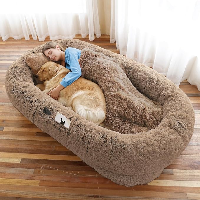 Human Dog Bed, Large Dog Beds for Humans Size Fits You and Pets, Washable Faux Fur Orthopedic Human Pet Bed for People Doze Off, Napping, Present Pillow, Blanket, Strap - Khaki-Mewly Pet