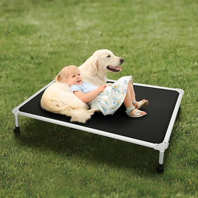 Veehoo Chew Proof Elevated Dog Bed - Cooling Raised Pet Cot - Silver Aluminum Frame and Durable Textilene Mesh Fabric, Unique Designed No-Slip Feet for Indoor or Outdoor Use, Black, X-Large, CWC2003-Mewly Pet