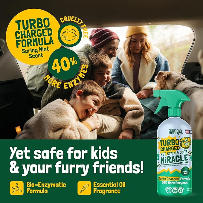 Sunny & Honey Enzyme Carpet Cleaner Spray - 32 Fl Oz, Spring Mint - Pet Urine Remover & Odor Eliminator - Stain Remover-Mewly Pet