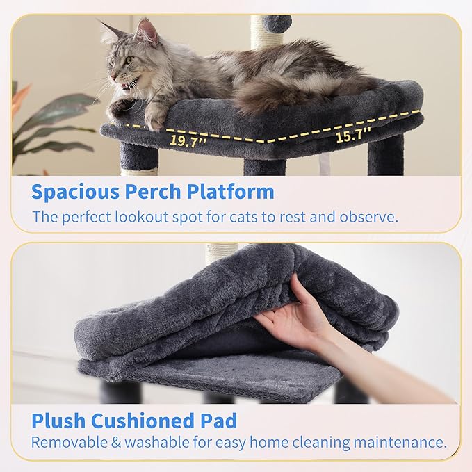 Heybly Heavy Duty Cat Tree, 71-Inch Tall Tower for Large Maine Coon with Extra-Large Baseboard, Cat Condo Furniture with Multi-Level Platforms, 2 Hammocks and 12 Scratching Posts, Smoky Gray HCT037G-Mewly Pet