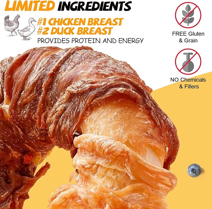 ASMPET Dog Treats Chews, Chicken & Duck Wrapped Rawhide Donuts Dental Care Chews for Small Medium Large Breed Aggressive Chewers (Pack of 4)-Mewly Pet