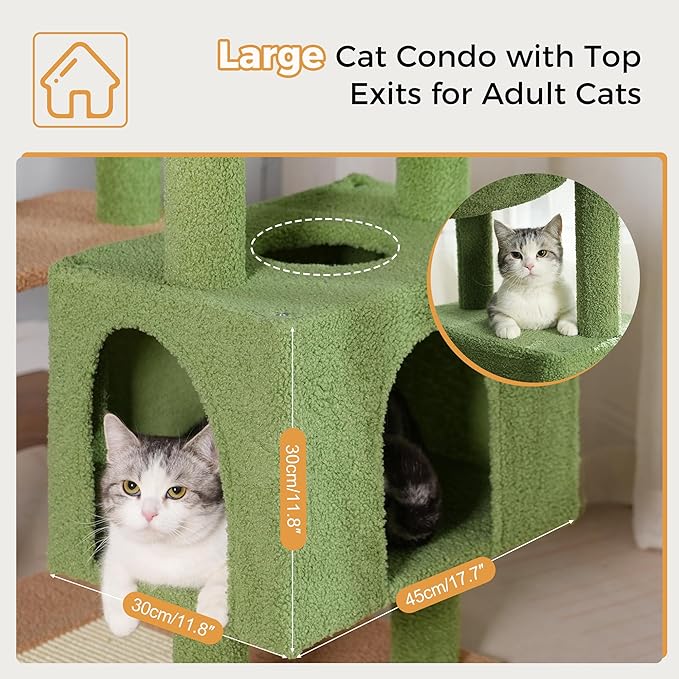72” Cat Tree for Large Cats Big Cat Tower with Enlarged Hammock 21.6x17.7” Spacious Cats Condo House and Roomy Top Bed and Multiple Scratch Posts for Indoor Adult Cats (Green, XLarge-72)-Mewly Pet