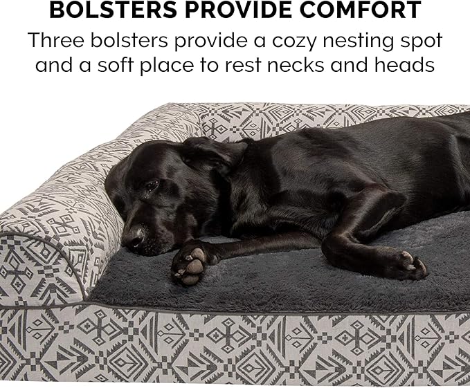 Furhaven Orthopedic Dog Bed for Large/Medium Dogs w/ Removable Bolsters & Washable Cover, For Dogs Up to 55 lbs - Plush & Southwest Kilim Woven Decor Sofa - Boulder Gray, Large-Mewly Pet