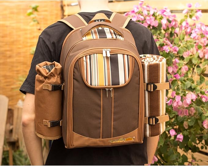 Apollo Walker Picnic Backpack Bag for 4 Person with Cooler Compartment,Wine Bag, Picnic Blanket(45"x53"),Best for Family and Lovers Gifts (Brown)-Mewly Pet