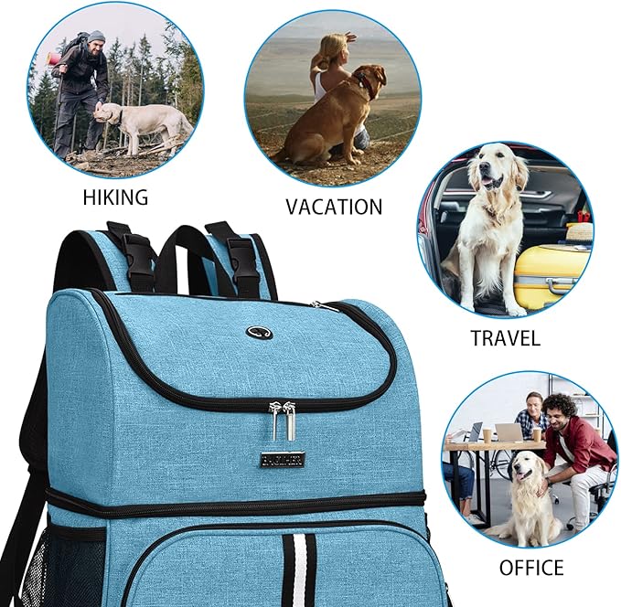 BAGLHER Pet Travel Bag, Double-Layer Pet Supplies Backpack (for All Pet Travel Supplies), Pet Travel Backpack with 2 Silicone Collapsible Bowls and 2 Food Baskets Sky Blue-Mewly Pet