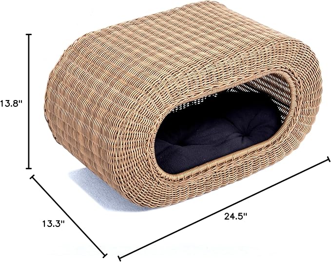 Fun Stackable Wicker Cat Hideaway House - Interactive Play Rattan Cat House for Indoor Cats Kitty, Pet Friendly Top/Side House Entry, Cat Bed Enclosed-Mewly Pet