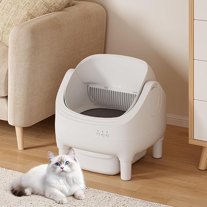 Greesum Automatic Self-Cleaning Litter Box for Cats - Open-Top Design, Easy Odor Control, Smart APP Control, 15L Large Waste Bin, Includes Trash Bags & Mat (White)-Mewly Pet