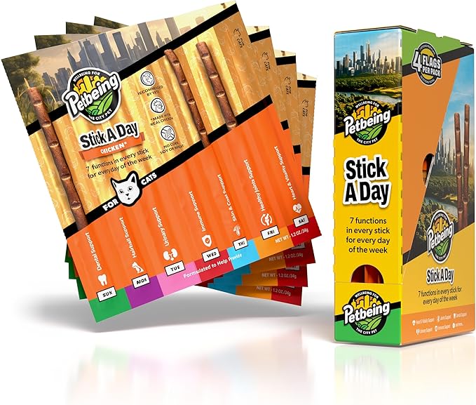 Stick a Day | Specially Formulated 7-in-1 Functions Daily Real Meat Supplement for Cats | Cat Chew Stick & Pet Vitamins Supplements Combination (7-Pack x 4, Chicken)-Mewly Pet