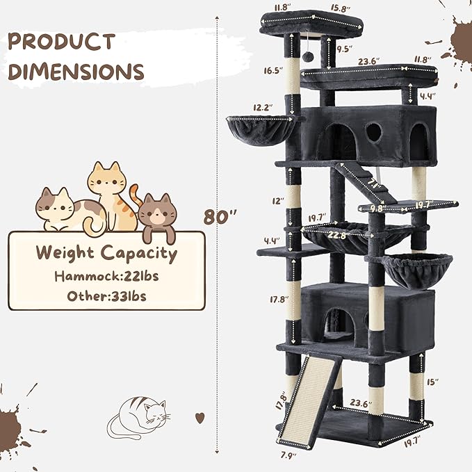 Cat Tree, 80-Inch Large Cat Tower with 9 Scratching Posts, 2 Perches, 2 Caves, 2 Basket, 2 Stairs, Extra Large Hammock, Pompoms, Multi-Level Plush Cat Condo for Indoor Cats/Smoky Grey-Mewly Pet