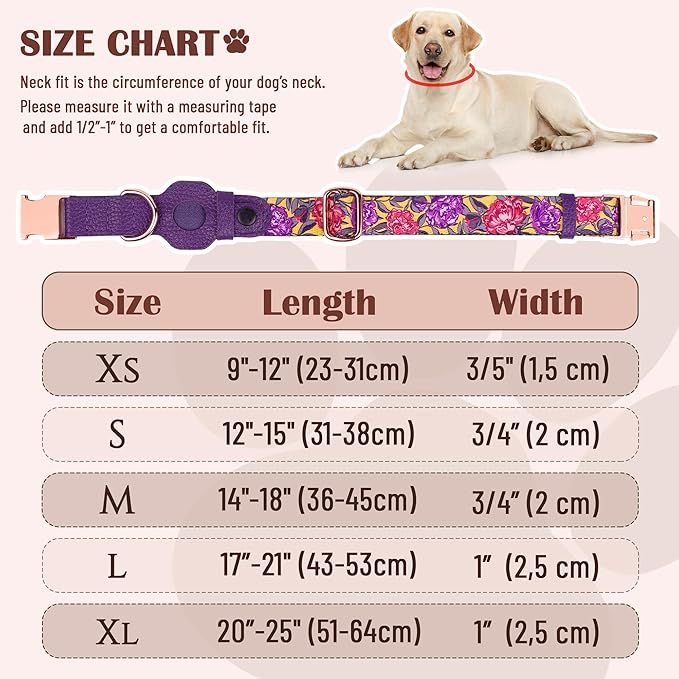 AirTag Dog Collar for Small Medium Large Breed - Adjustable Cute Pattern Dog Collar with Airtag Holder - Soft Leather Tracker GPS Apple Air Tag Pet Collars (Small, 12"-15" Neck Fit, Peonies)-Mewly Pet
