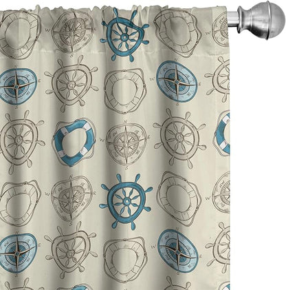 Ambesonne Compass Window Curtains, Marine Themed Doodle Art Vintage Inspirations Traveling Exploration Cruise Pattern, Lightweight Decor 2-Panel Set with Rod Pocket, Pair of - 28" x 95", Beige Teal