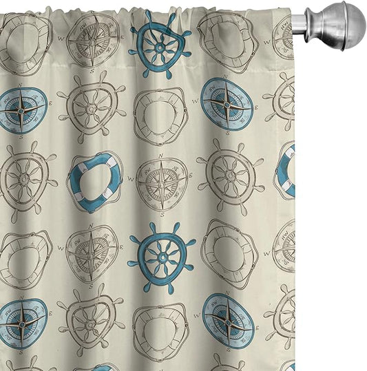Ambesonne Compass Window Curtains, Marine Themed Doodle Art Vintage Inspirations Traveling Exploration Cruise Pattern, Lightweight Decor 2-Panel Set with Rod Pocket, Pair of - 28" x 95", Beige Teal