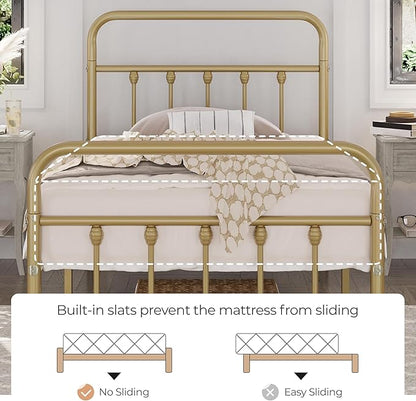 Yaheetech Classic Metal Platform Bed Frame Mattress Foundation with Victorian Style Iron-Art Headboard/Footboard/Under Bed Storage/No Box Spring Needed/Twin Size Antique Gold