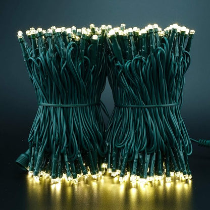 YULETIME 100 ft 300 Count Warm White LED String Lights with 8 Models Adapter, Green Wire Wide Angle 5mm Christmas Lights (Warm White - Green Wire)