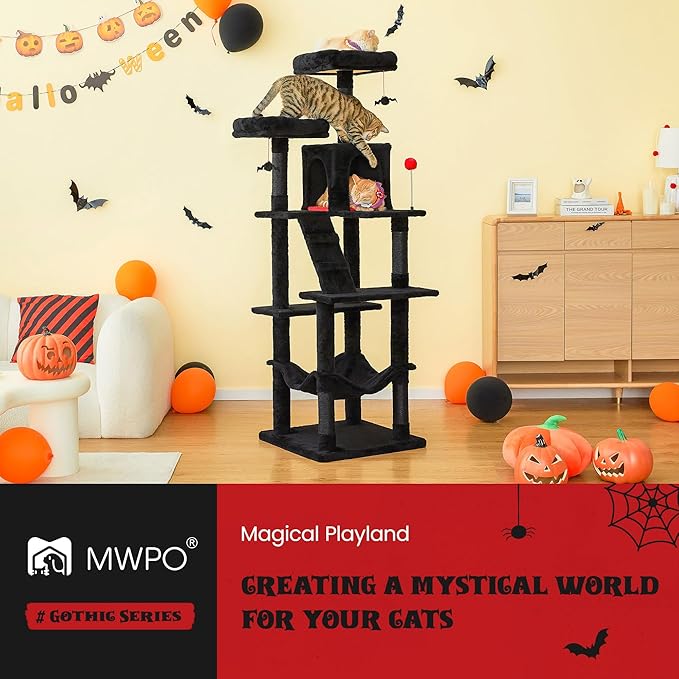 MWPO Gothic Large Cat Tree, 70.1-Inch Multi-Level Tall Cat Tower for Indoor Cats, Plush Cat Condo with Big Padded Perches, Sisal-Covered Scratching Posts, Hammock, Toys for Kittens & Cats, Black-Mewly Pet