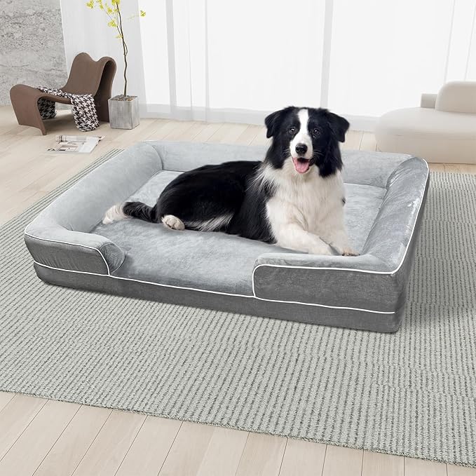 Dog Beds for Large Sized Dogs,Washable Orthopedic Memory Foam Dog Couch Sofa Bed with Bolster,Removable Cover,42x30Inch,Grey-Mewly Pet