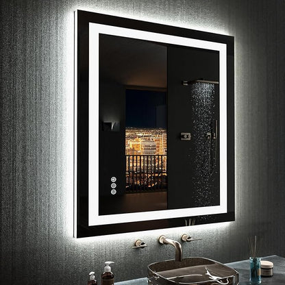LOAAO 28"X32" LED Bathroom Mirror with Lights, Anti-Fog, Dimmable, RGB Backlit + Front Lighted, Bathroom Vanity Mirror for Wall, Memory Function